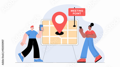Two people approaching map board with location pin and meeting point sign, Event coordination and shared navigation planning concept.