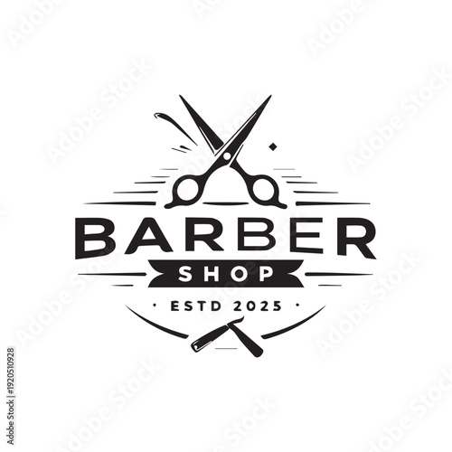 Modern Vintage Barber Shop Logo with Scissors and Razor, Minimalist Hair Salon Badge, Classic Grooming Branding