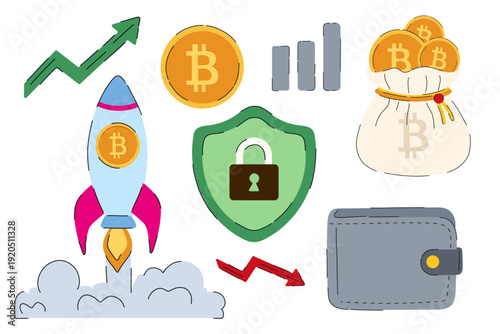 Bitcoin and cryptocurrency set with rocket, growth chart, security shield, wallet and money bag icons. Set with gold BTC coins, rising and falling arrows, bar chart, rocket launch.
