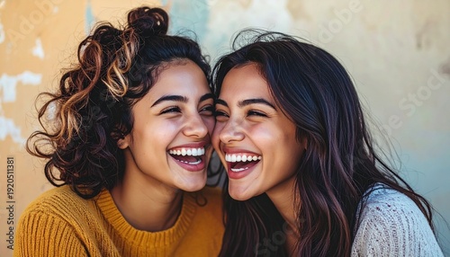 Two young women laughing and sharing a joyful moment outdoors with genuine smiles and happiness