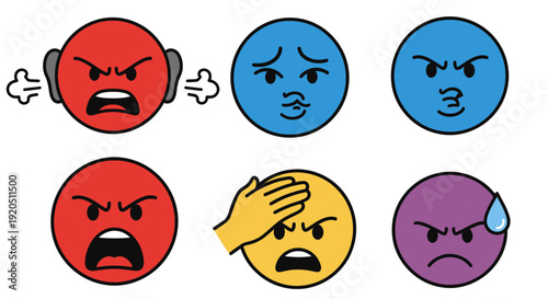 Collection of Angry and Sad Emoji Faces Expressing Negative Emotions on Isolated White Background