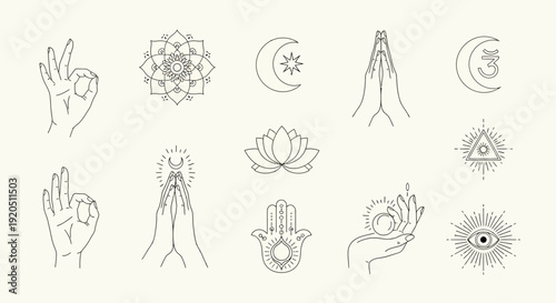 Set of Esoteric Hand Gestures and Mystical Symbols with Lotus, Mandala, and Crescent Moon in Bright Studio