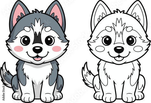Cute cartoon husky puppy illustration set with colored and outline versions, adorable dog character isolated on white background for kids coloring design