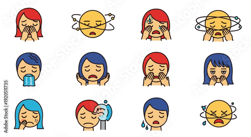 Set of funny cartoon girls and kids with smiling faces in colorful vector illustration style