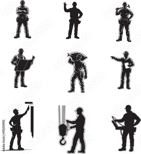 Construction professional silhouettes, architect and contractor poses