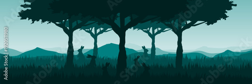 Serene outdoor scene with silhouette of bunnies and trees in misty monochromatic valley