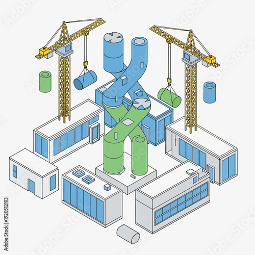 Industrial facility construction site with cranes and equipment.