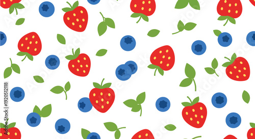 Fresh berry seamless vector illustration pattern with strawberries and blueberries in modern flat style and solid vibrant colors, ideal for kitchen textile, packaging, and wallpaper design