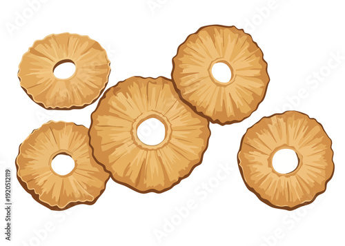 Five golden brown doughnuts arranged in a scattered pattern.