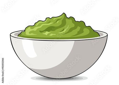 A bowl of guacamole dip with a white background.