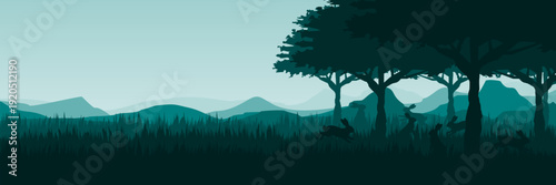 Wide screen spring nature banner featuring bunnies playing under trees in cyan forest