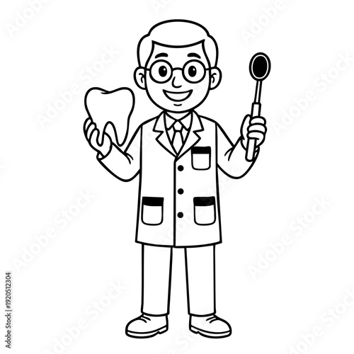 Cheerful cartoon dentist in white coat smiling while holding a microphone, ideal for dental health presentations, education, and medical communication.