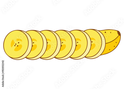 Sliced yellow potatoes arranged in a row on a white background.