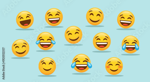 Collection of Happy and Laughing Emoji Faces with Positive Emotions in a Bright Studio.