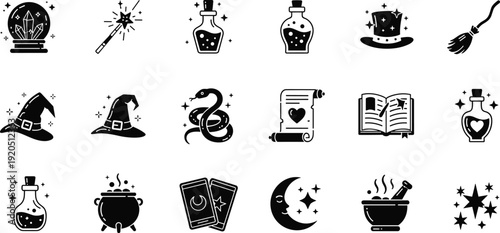 Magic witchcraft glyph icons set, fantasy spell symbols, wizard tools collection, mystical potion elements, solid black vector illustration design pack