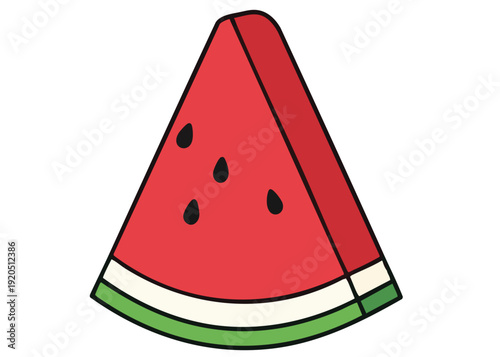 A cartoon illustration of a slice of watermelon with red flesh and black seeds.