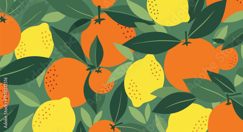 Bright citrus fruit seamless vector illustration pattern with lemon and orange slices in bold flat style and solid colors, ideal for kitchen textile and summer packaging design
