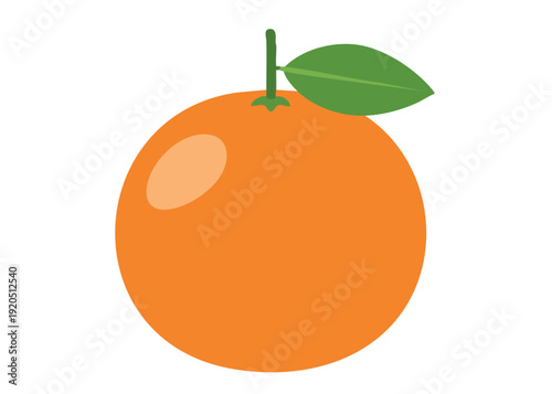 A vibrant orange fruit with a green leaf attached to its stem.
