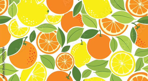 Bright citrus fruit seamless vector illustration pattern with lemon and orange slices in bold flat style and solid colors, ideal for kitchen textile and summer packaging design