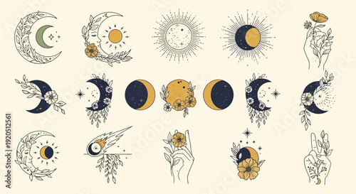 Mystical Celestial Elements and Hands Collection, Spiritual Cosmic Astrology Symbols on an Isolated White Background.