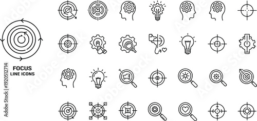 Set of focus line icons, business strategy and targeting vector illustrations collection, goal achievement and brainstorming outline design elements isolated on white background.