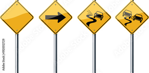 Yellow road warning signs set, traffic caution symbols collection, slippery road and direction arrow signage, safety transportation illustration design