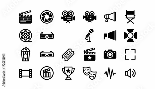Cinema Icons Set: Film, Camera, Popcorn, Clapperboard, Megaphone, Trophy