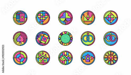 Colorful Casino Icons: Playing Cards, Rings, Crown, Dice, Chips