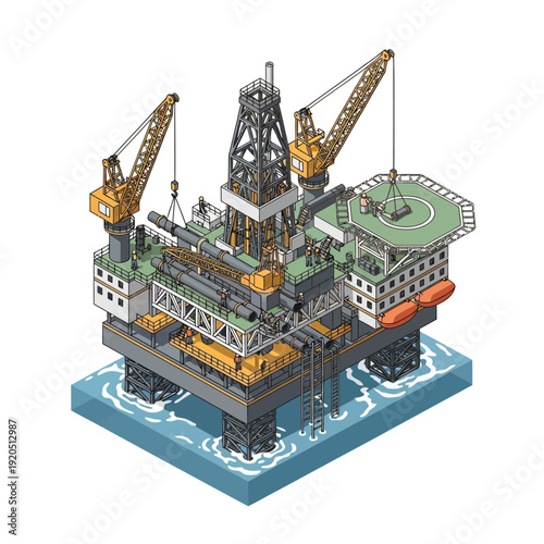 Isometric illustration of an offshore oil rig platform in the ocean.