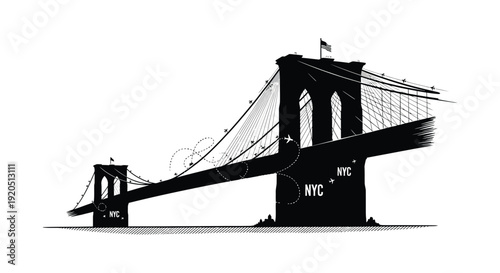 A striking black and white illustration depicts the brooklyn bridge with iconic nyc lettering presented as a silhouette high quality professional