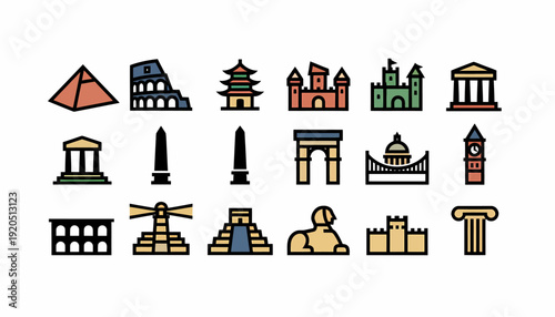 Famous Landmarks Icons: Travel, History, Architecture & Culture Collection