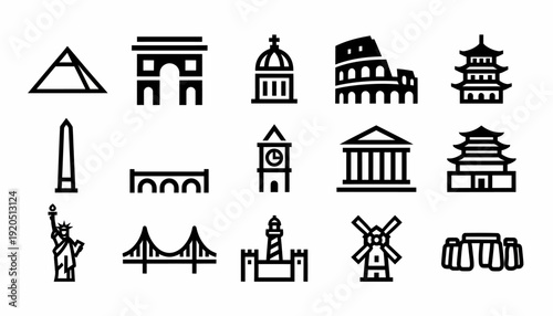 Famous Landmarks Icons Set: Travel & Tourism Symbols