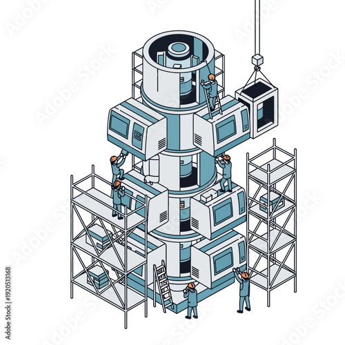 Construction workers building a futuristic modular structure with scaffolding.