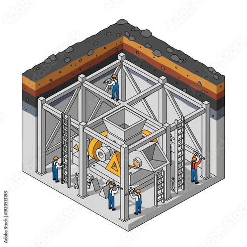 Industrial construction site with workers and machinery.