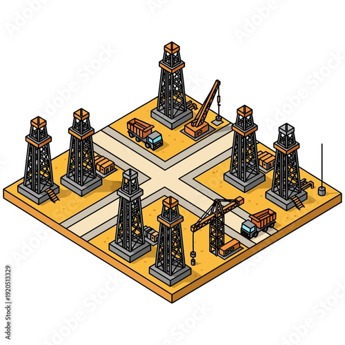 Isometric illustration of an oil refinery with multiple derricks and cranes.
