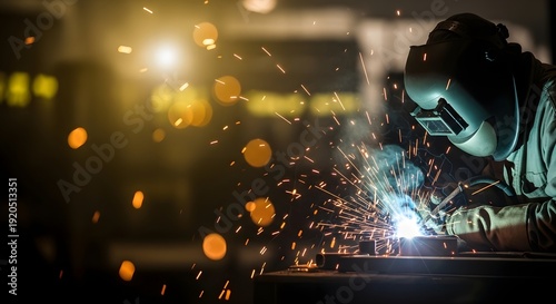 A welder at work in a dark environment with sparks flying everywhere around him carefully crafting metal