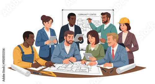 Diverse team collaborating on community center blueprints