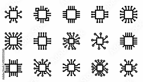 Microchip Icons Set: Semiconductor, Processor, and Circuit Board Elements