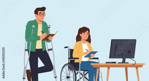 Diverse colleagues with disabilities working together in modern office