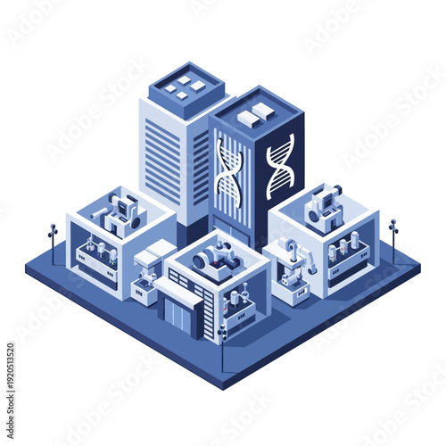 Isometric illustration of a genetic research laboratory complex.