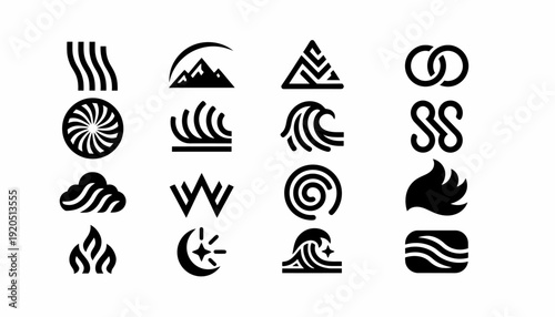 Set of 16 Elemental Icons: Air, Earth, Water, Fire, Moon, Sun