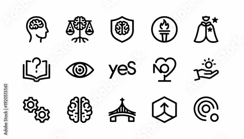 Set of Icons Representing Concepts Like Ideas, Justice, Security, Success, and More
