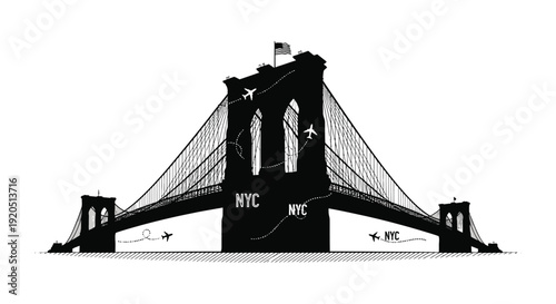 A striking black and white illustration depicts the brooklyn bridge with airplanes and a distinctive silhouette high quality professional detailed modern