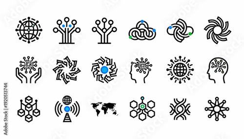 Technology Icons: Network, Cloud, Brain, Data, AI, Global