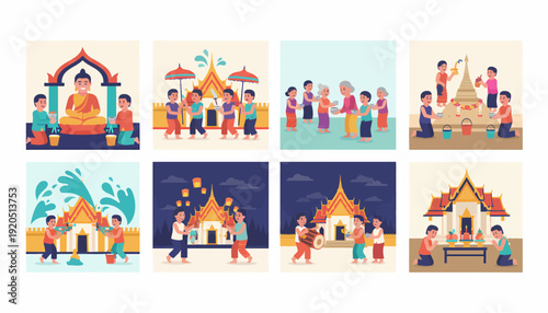 Thai culture and traditions: Songkran festival, Buddha, temple, people celebrating