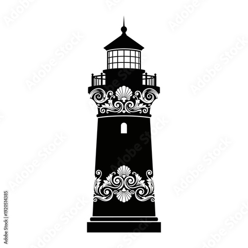 Black Lighthouse Silhouette with Ornate Scrollwork and Seashells
