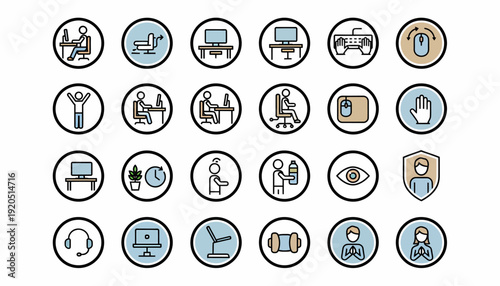 Work From Home Icons Set: Remote Work, Ergonomics, Health, Technology