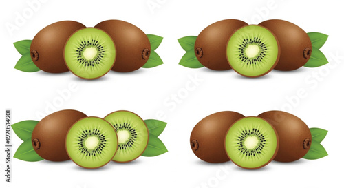 Fresh kiwi fruit vector set with whole and sliced kiwi halves and green leaves isolated on white background