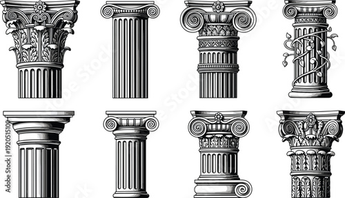 Classical column capitals collection with Corinthian Ionic styles architectural antique vector illustration set