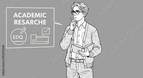 Young man deep in academic research and critical thinking